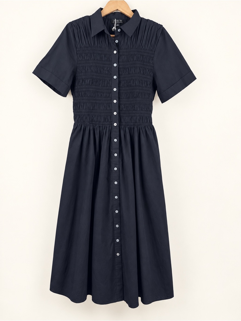 J. Crew Elsie Cotton Poplin Smocked Button Front Midi Black Shirt Dress CP995